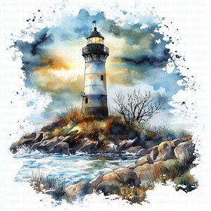 Lighthouse Clipart | 5 High Quality JPGs | Digital Download | Printable Watercolor Clipart | High Resolution | Paper Craft | Junk Journals