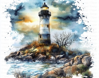 Lighthouse Clipart | 5 High Quality JPGs | Digital Download | Printable Watercolor Clipart | High Resolution | Paper Craft | Junk Journals