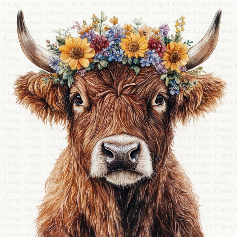 Floral Highland Cows Clipart | 5 High Quality Jpgs | Digital Download ...
