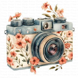 Vintage Floral Camera Clipart | 5 High Quality JPGs | Digital Download | Art | Photo Camera | Printable Watercolor Clipart | Paper Craft