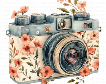 Vintage Floral Camera Clipart | 5 High Quality JPGs | Digital Download | Art | Photo Camera | Printable Watercolor Clipart | Paper Craft