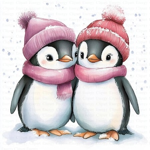Penguin Couple Clipart | 5 High Quality JPGs | Digital Download | Winter Penguins | Printable Watercolor Clipart | Paper Craft | Wall Art
