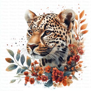 Può includere: Un dipinto ad acquerello di una testa di leopardo su uno sfondo di fiori rossi, arancioni e blu. Il leopardo ha un manto maculato e un'espressione seria.