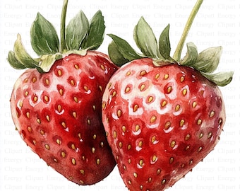 May include: Two red strawberries with green leaves and stems. The strawberries are painted in a watercolor style and have a glossy finish.