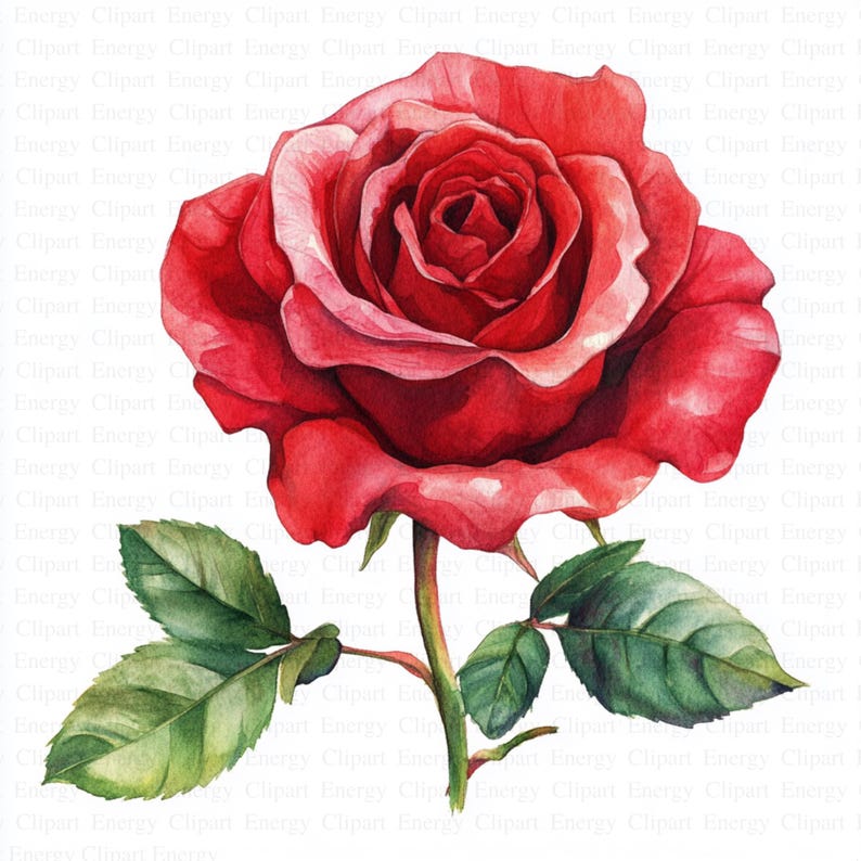 May include: A single red rose with green leaves. The rose is in full bloom and has a delicate, watercolor-like appearance.