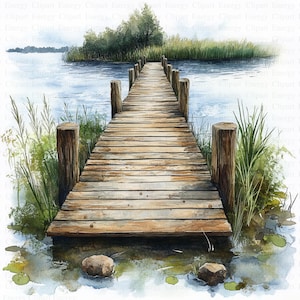 Clipart di bacini di stagno ad acquerello / 5 JPG di alta qualità / Download digitale / Arte rustica / Illustrazione di paesaggio / Arte ad acquerello / Tecnica mista