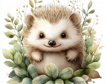Cute Hedgehog in Greenery Clipart | 5 High Quality JPGs | Digital Download | Junk Journals | Printable Watercolor Clipart | Paper Craft