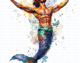 Watercolor Mermaid Man Clipart | 5 High Quality JPGs | Digital Download | Clip Art | Poseidon | Printable Watercolor Clipart | Paper Craft