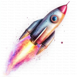 Rocketship Clipart | 5 High Quality JPG's | Digital Download | Outer Space Art | Rocket and Stars Illustration | Kids Science Fun