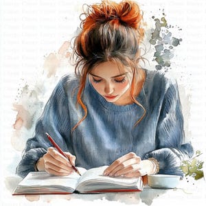 Woman Writing Clipart | 5 High Quality JPGs | Digital Download | Junk Journal | Writer Clipart | Printable Watercolor Clipart | Paper Craft