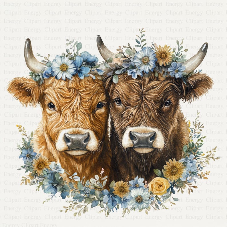 Floral Highland Cows Clipart | 5 High Quality Jpgs | Digital Download ...