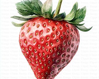 May include: A single, ripe strawberry with a bright red hue and a green leafy top. The strawberry is depicted in a watercolor style, with soft, blended colors and visible brushstrokes.
