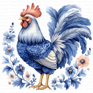 Gallo azul de Delft, clipart / 5 archivos JPG de alta calidad / Descarga digital / Fabricación de tarjetas / Gallo, clipart / Azulejo holandés / Ilustración vintage