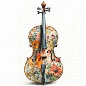 May include: A watercolor illustration of a cello with a floral design. The cello is painted with a variety of flowers in shades of pink, red, yellow, and blue. The cello is set against a white background.