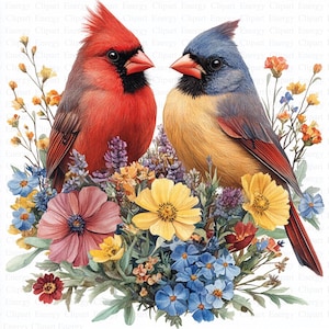 Cardinal Friends Flowers Clipart | 5 High Quality JPGs | Instant Digital Download | Card Making | Commercial Use | Papercraft | Scrapbooking