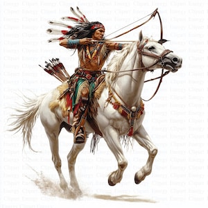 Native Indian on Horse Clipart | 5 High Quality JPGs | Digital Download | With Bow | Printable Watercolor Clipart | Paper Craft | Wall Art