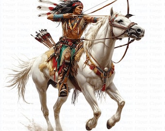 Indianer auf Pferd Clipart | 5 hochwertige JPGs | Digitaler Download | mit Schleife | Druckbare Aquarell Clipart | Papiermodelle | Wandkunst