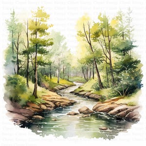 Forest Creek Clipart | 5 High Quality JPG&#39;s | Digital Download | Nature Scene | Watercolor Creek | Printable Art | Scrapbook Images