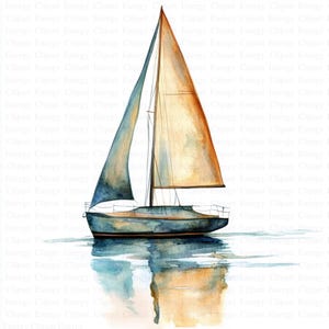 Puede incluir: Una pintura de acuarela de un velero con un casco azul y una vela de color beige. El velero navega en un cuerpo de agua tranquilo con un reflejo del barco en el agua.