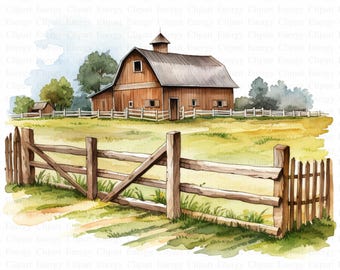 Clipart Farm Fences | 5 wysokiej jakości JPG | Pobieranie cyfrowe | Krajobraz farmy | Grafika farmy | Sztuka akwarelowych ogrodzeń | Cyfrowe rzemiosło