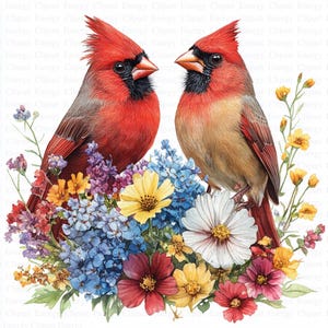 Cardinal Friends Flowers Clipart | 5 High Quality JPGs | Instant Digital Download | Papercraft | Scrapbooking | Card Making | Commercial Use