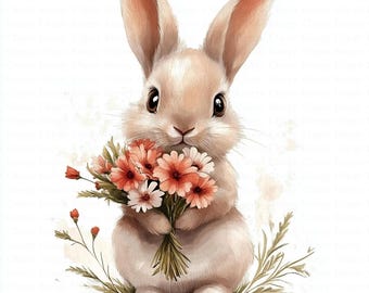 Bunny Clipart | 5 High Quality JPGs | Digital Download | Flowers Bouquet | Rabbit | Printable Watercolor Clipart | Paper Craft | Wall Art