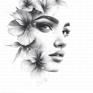 May include: A black and white drawing of a woman's face with flowers covering part of her face.