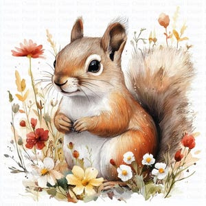 Écureuil mignon en fleurs Clipart | 5 fichiers JPG de haute qualité | Téléchargement numérique | Clipart aquarelle imprimable | Haute résolution | Créations en papier