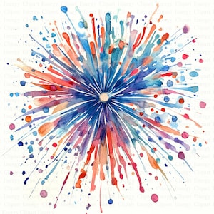 Può includere: Un dipinto ad acquerello di un fuoco d'artificio che esplode con colori rosso, bianco e blu. Il fuoco d'artificio è al centro dell'immagine ed è circondato da uno sfondo bianco.