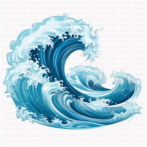 May include: A blue and white stylized illustration of a large ocean wave crashing. The wave is depicted in a traditional Japanese style.