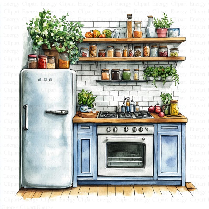 vintage floral kitchen scene clipart set graphic by... Vintage Floral Kitchen Clipart | 5 High Quality Jpg's | Digital ...
