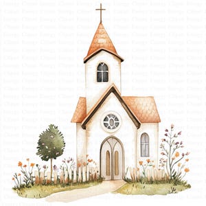 May include: A watercolor illustration of a white church with a brown roof and a cross on top. The church has a small window on the side and a large arched doorway. There are flowers and a small tree in front of the church.