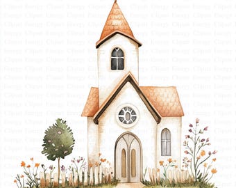 Tiny Church Clipart | 5 High Quality JPG&#39;s | Digital Download | Spiritual Decor | Countryside Art | Religious Design | Watercolor Clipart