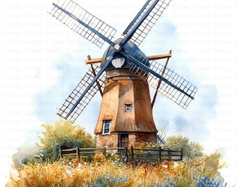 Clipart de molino de viento de acuarela / 5 archivos JPG de alta calidad / Descarga digital / Clipart de campo / Molino de viento / Manualidades de papel / Manualidades digitales