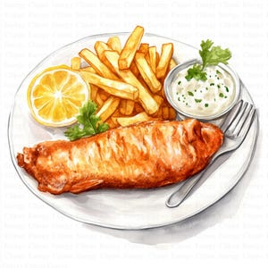 Peut inclure: Une assiette blanche avec un poisson frit, des frites, un petit bol de sauce blanche, un quartier de citron et une fourchette. La nourriture est disposée de manière visuellement attrayante.