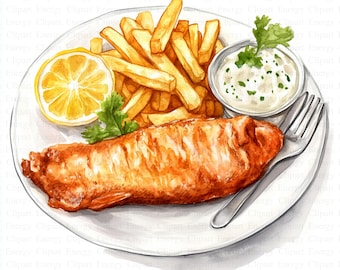 Fish and Chips Clipart | 5 High Quality JPG's | Digital Download | Fish & Chips Graphics | Fast Food Illustrations | Cute Fish | Chips Art