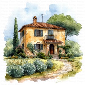 Case di campagna italiane Clipart / 5 JPG di alta qualità / Download digitale / Arte scenica / Case ad acquerello / Pacchetto clipart / Tecnica mista