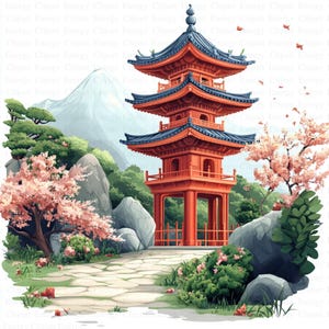 Clipart del paesaggio del tempio giapponese / 5 JPG di alta qualità / Download digitale / Carta artigianale / Clipart acquerello stampabile / Alta risoluzione