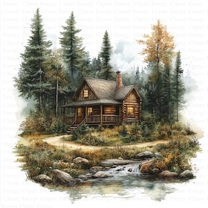 May include: A watercolour painting depicting a rustic log cabin situated in a woodland setting. The cabin features a wooden porch and a stone chimney. A small stream flows in front of the cabin, with rocks and greenery surrounding it.