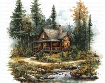 Cabin in Woods Clipart | 5 High Quality JPGs | Digital Download | Commercial Use | Papercraft | Scrapbooking | Card Making | Mixed Media
