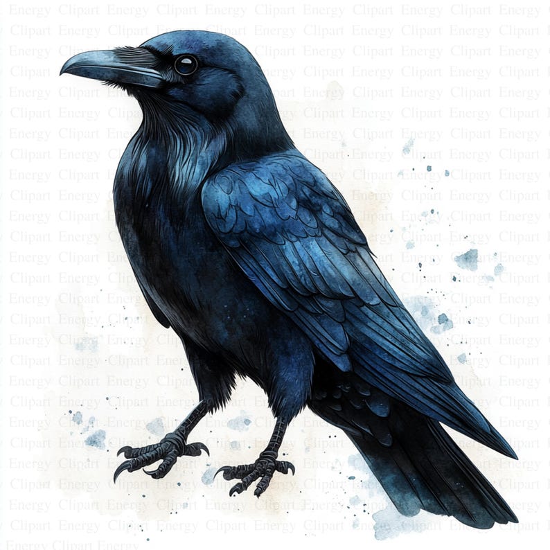 May include: A watercolor painting of a blue raven with a white background. The raven is facing to the right and has its wings spread out.