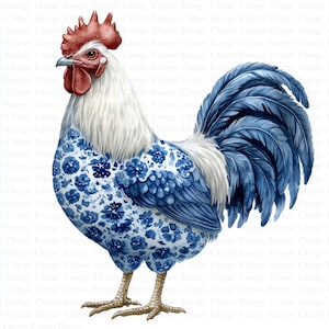 Gallo azul de Delft, clipart / 5 archivos JPG de alta calidad / Descarga digital / Azulejo holandés / Ilustración vintage / Fabricación de tarjetas / Gallo clipart