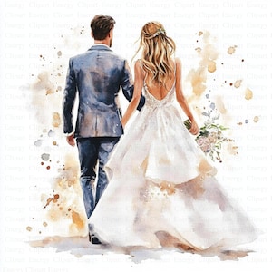 Clipart bruidspaar | 5 JPG&#39;s van hoge kwaliteit | Digitale download | Huwelijksuitnodiging | Afdrukbare aquarel clipart | Papiermodellen | Muurkunst