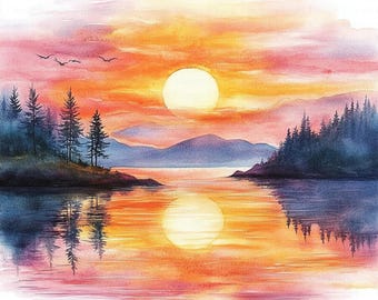 Sunset Over Lake Clipart | 5 High Quality JPGs | Digital Download | Lake Sunset Clipart | Printable Watercolor Clipart | Paper Craft | Art