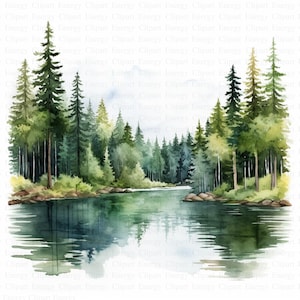 Clipart di laghi forestali ad acquerello / 5 JPG di alta qualità / Download digitale / Clipart di laghi / Arte della natura / Immagini di collage / Artigianato digitale