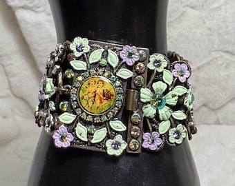 Vintage Michal Negrin Handmade Floral Bracelet Swarovski Crystals