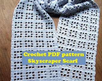 PDF pattern, Crochet Skyscraper Scarf, Crochet Lacy Scarf, Crochet Summer Scarf, fingering weight yarn project, bamboo cotton scarf,