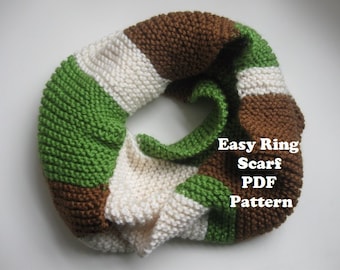 Tri-Color easy garter stitch ring scarf, cowl PDF pattern - stash buster project, worsted weight yarn, knitting pattern for scarf, cowl,