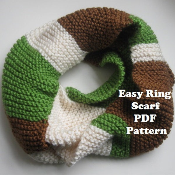 Tri-Color easy garter stitch ring scarf, cowl PDF pattern - stash buster project, worsted weight yarn, knitting pattern for scarf, cowl,