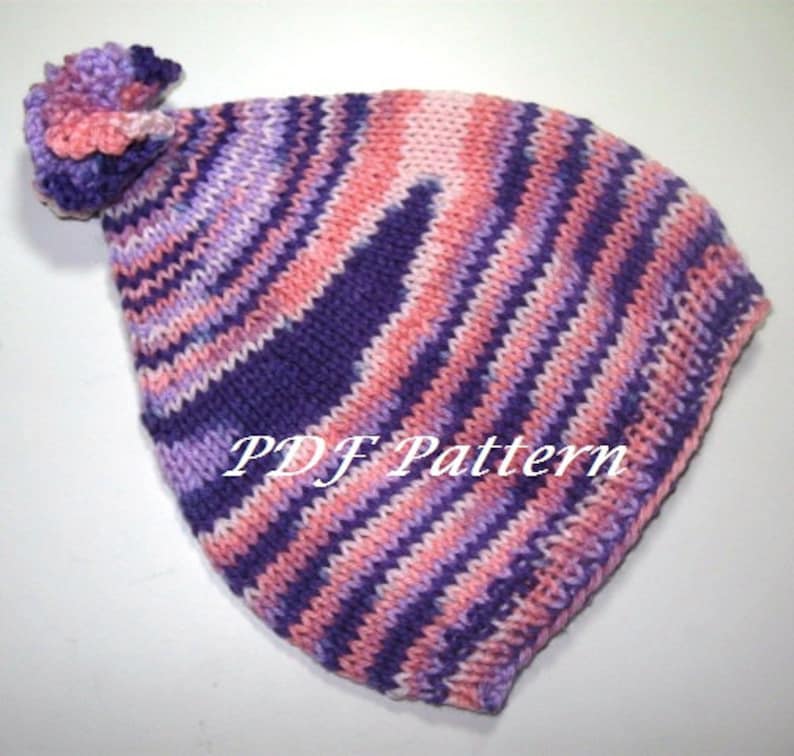 PDF pattern, Knit Flower Pixie Hat with little crochet flower, for little girl, fits for 2-4 years old image 1